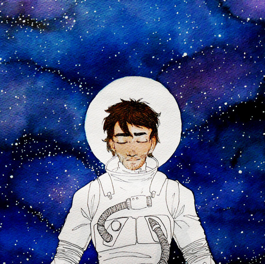 An ink portrait of Doug Eiffel, a dark haired man wearing a white space suit. His expression is peaceful, his eyes are closed. The background is made up of splotches of dark blues and hints of purples speckled with white stars; there's a solid white halo a